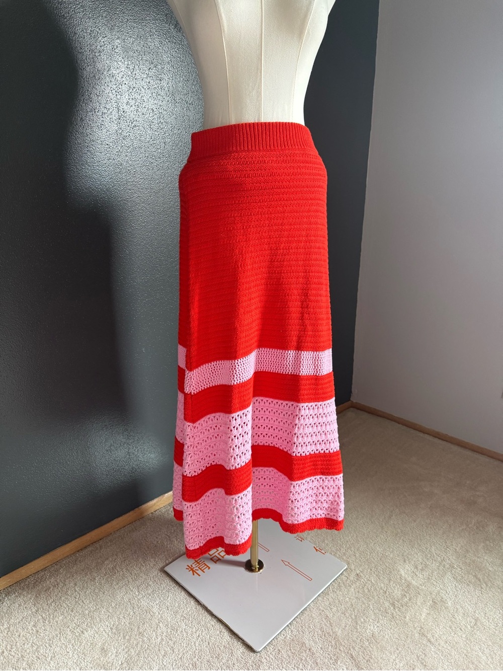 Red and Pink Knit Crochet A-Line Midi Skirt